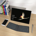 Folding Bluetooth keyboard in ABS with 64 keys, open on desk with iPad