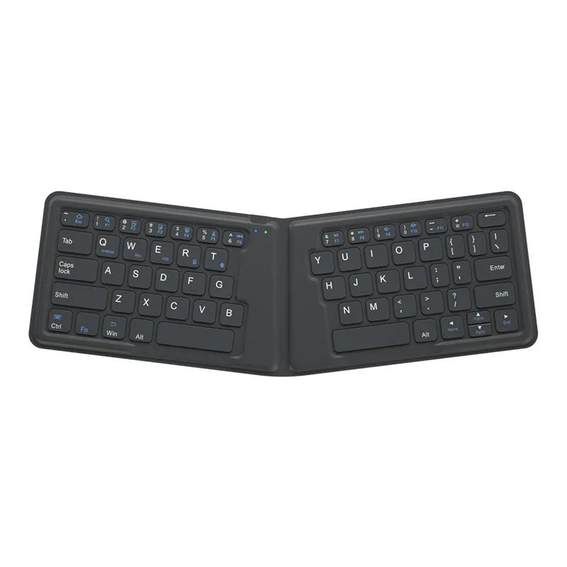 Folding Bluetooth keyboard in ABS with 64 keys, open on desk with iPad