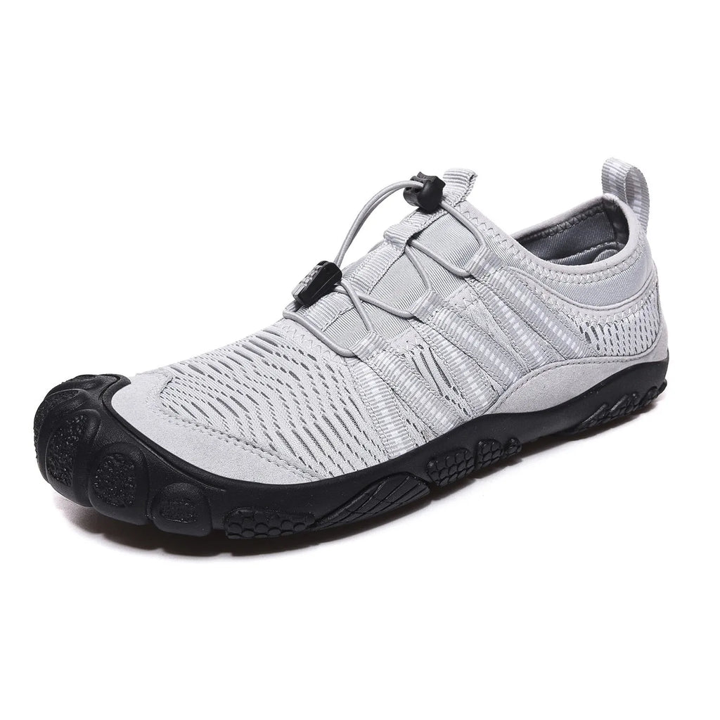 Low-top mesh and rubber river tracing shoes in black, grey, blue, or purple with elastic band