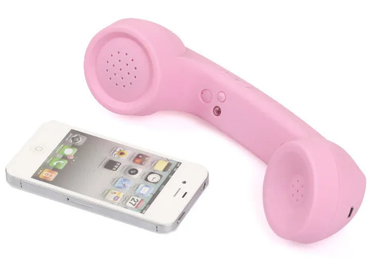 Retro-style Bluetooth wireless phone headset with coloured casing and two earbuds for hands-free calls.