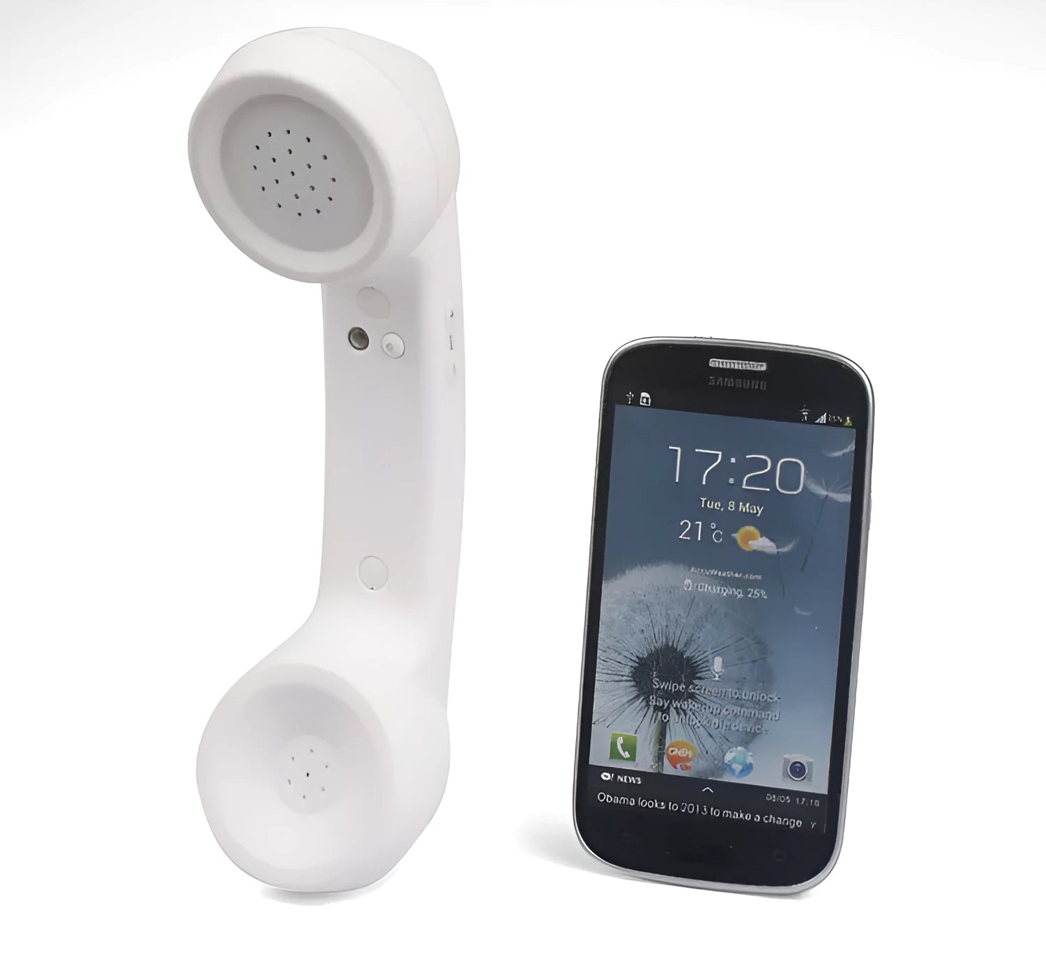 Retro-style Bluetooth wireless phone headset with coloured casing and two earbuds for hands-free calls.