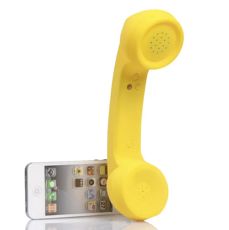 Retro-style Bluetooth wireless phone headset with coloured casing and two earbuds for hands-free calls.