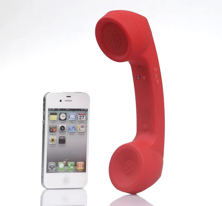 Retro-style Bluetooth wireless phone headset with coloured casing and two earbuds for hands-free calls.