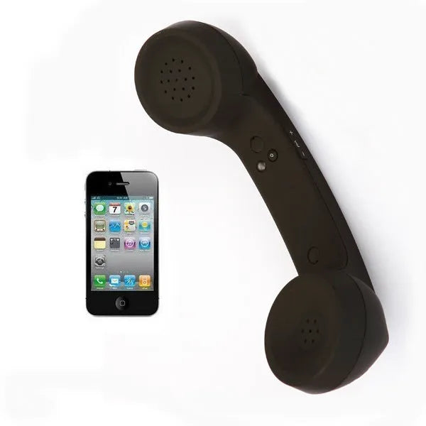 Retro-style Bluetooth wireless phone headset with coloured casing and two earbuds for hands-free calls.