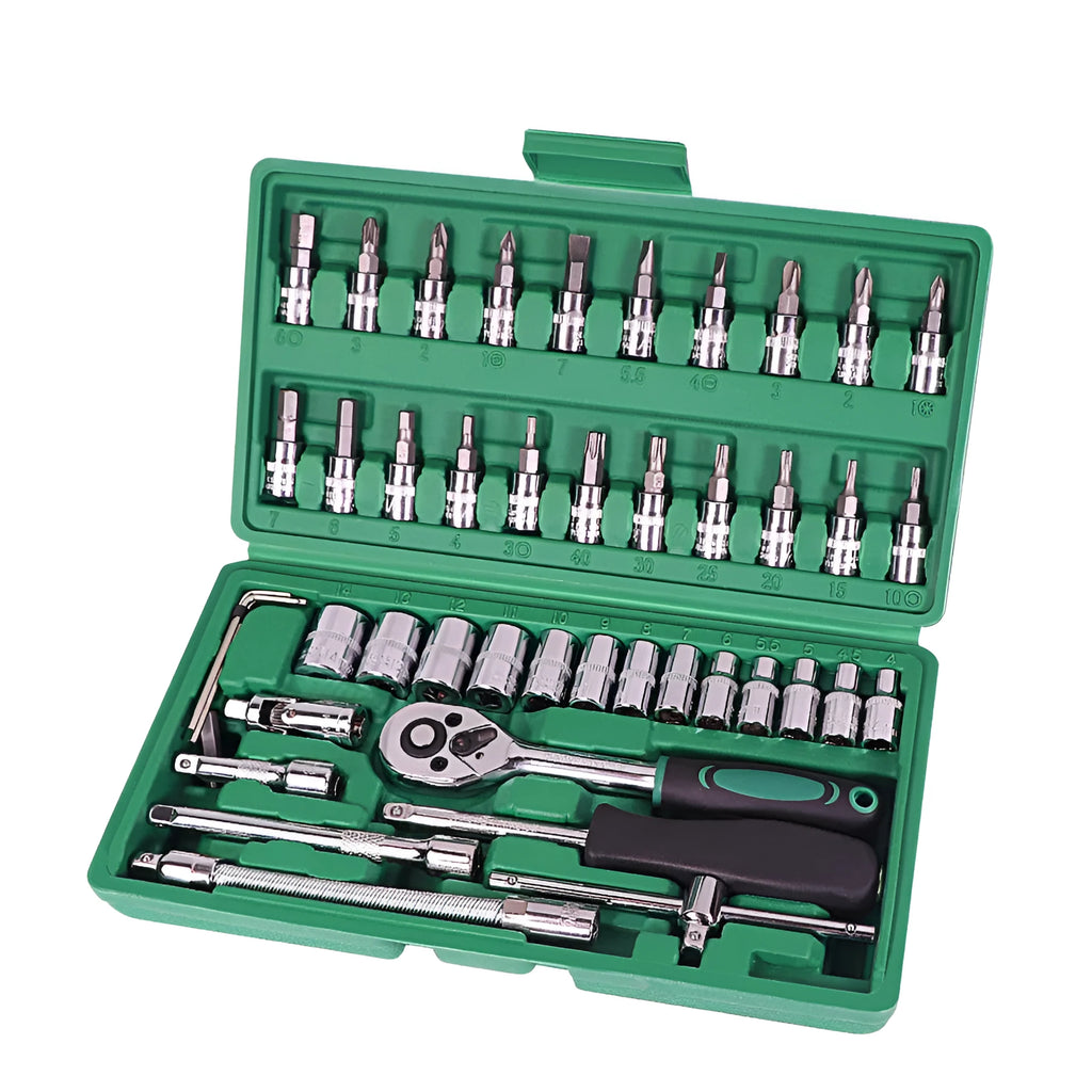 Green plastic box containing 46-piece automotive tool set with ratchet torque wrench