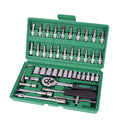 Green plastic box containing 46-piece automotive tool set with ratchet torque wrench