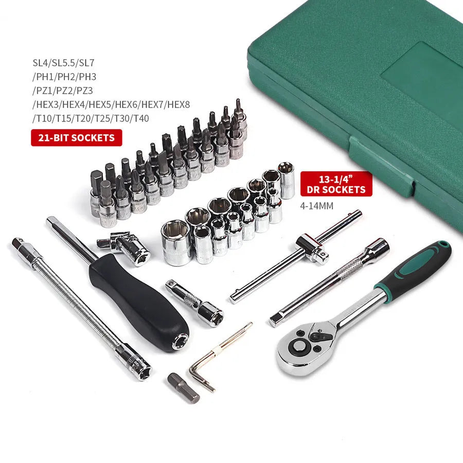 Green plastic box containing 46-piece automotive tool set with ratchet torque wrench