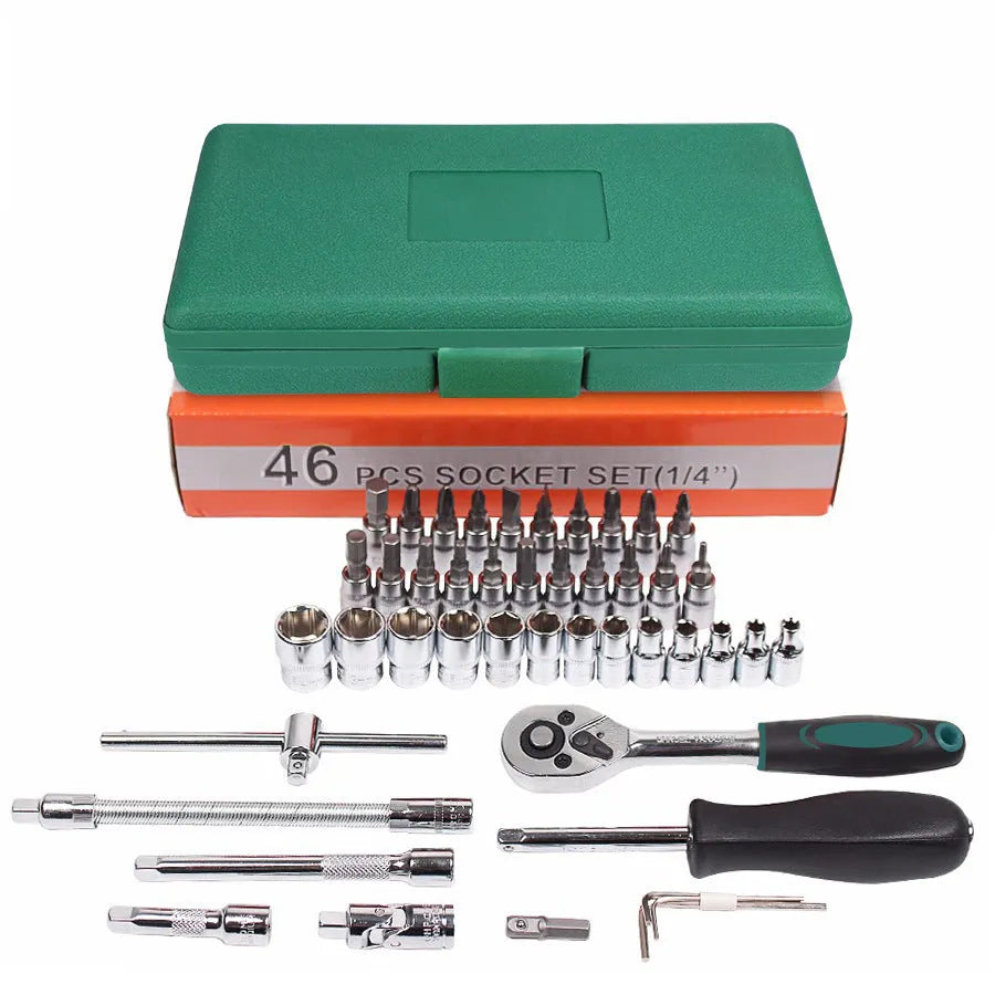 Green plastic box containing 46-piece automotive tool set with ratchet torque wrench