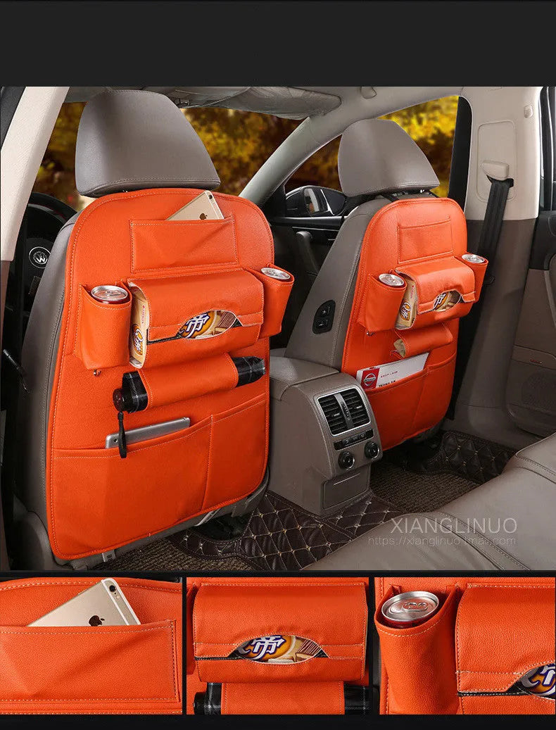 Leather car seat storage box hanging on back of front seat, available in black, beige, wine red, and brown colours