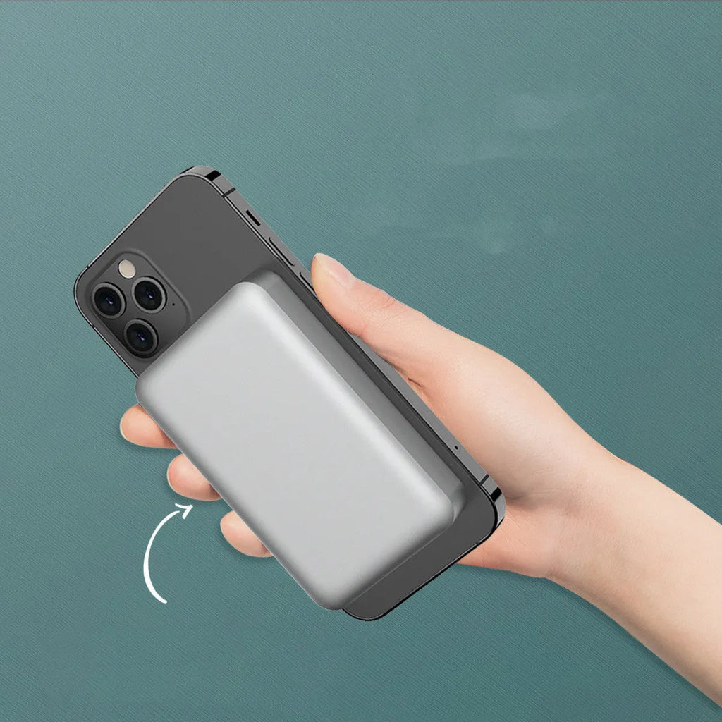 Silver aluminium wireless magnetic charging power bank showing dimensions and USB-C port