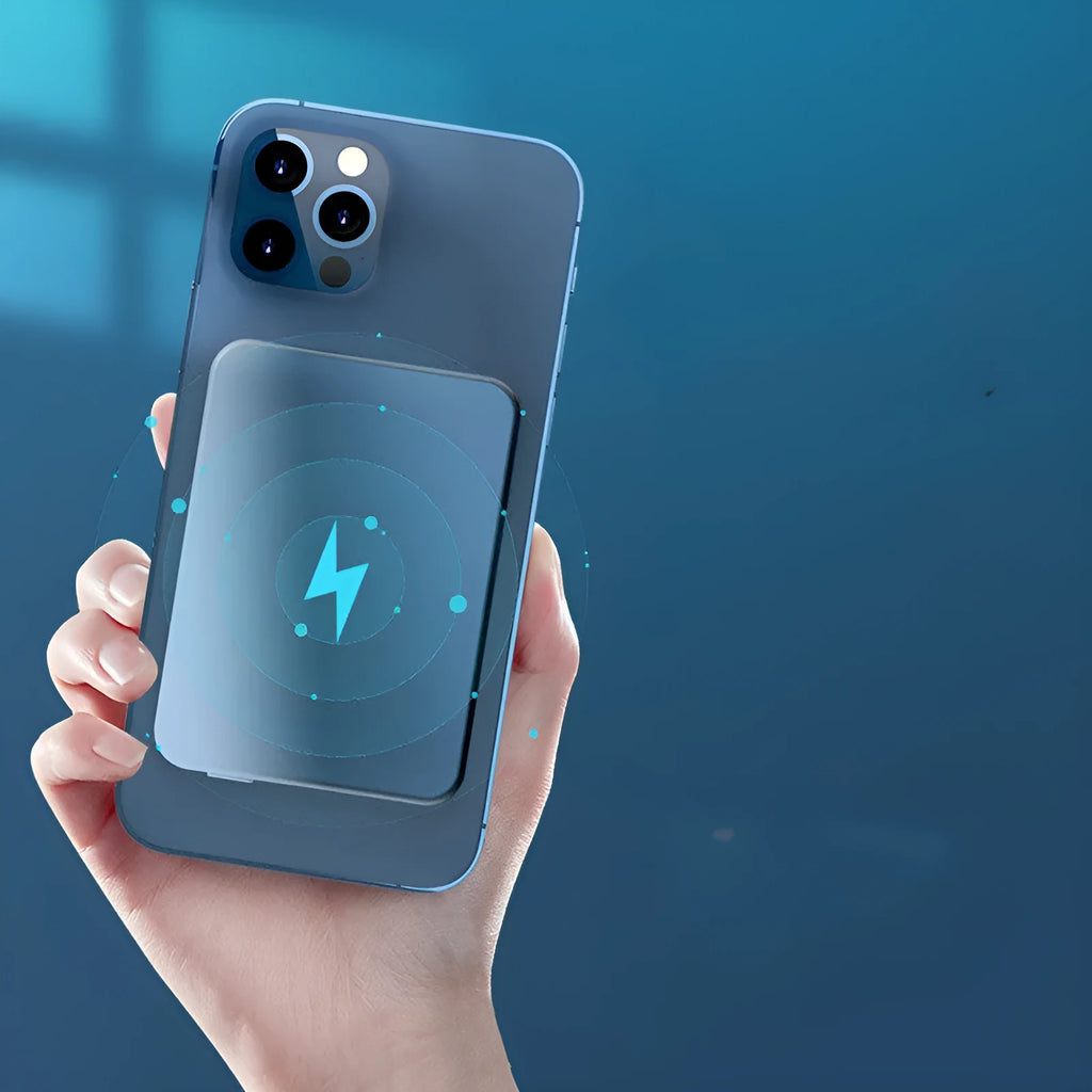 Silver aluminium wireless magnetic charging power bank showing dimensions and USB-C port