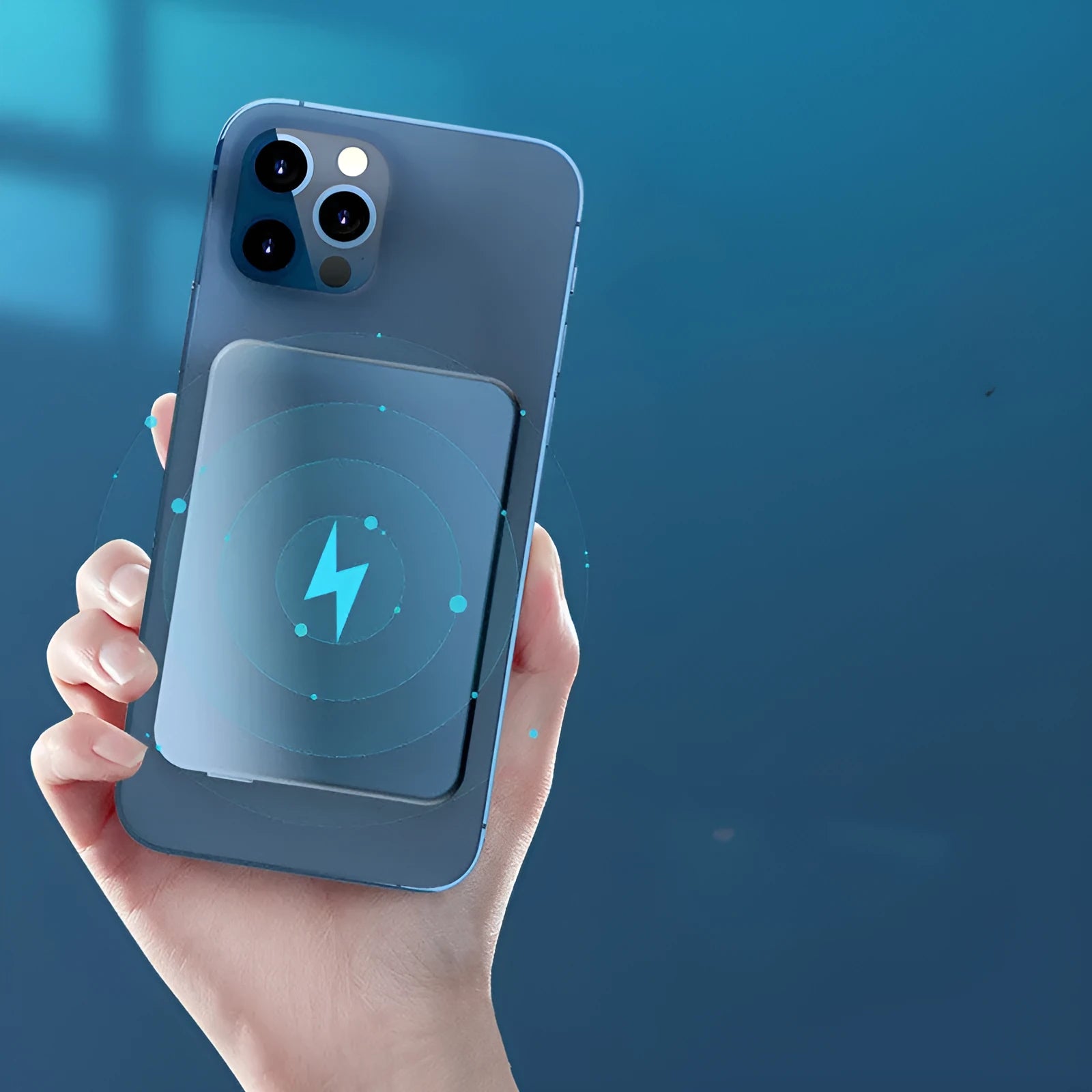Silver aluminium wireless magnetic charging power bank showing dimensions and USB-C port