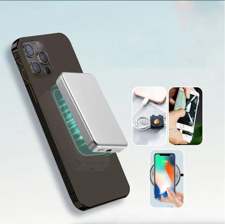 Silver aluminium wireless magnetic charging power bank showing dimensions and USB-C port