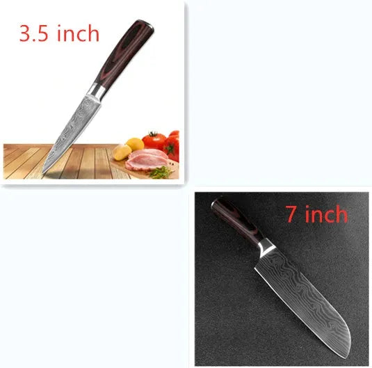 7Cr17 stainless steel chef knife with 18cm blade, laser Damascus pattern, and coloured wood handle