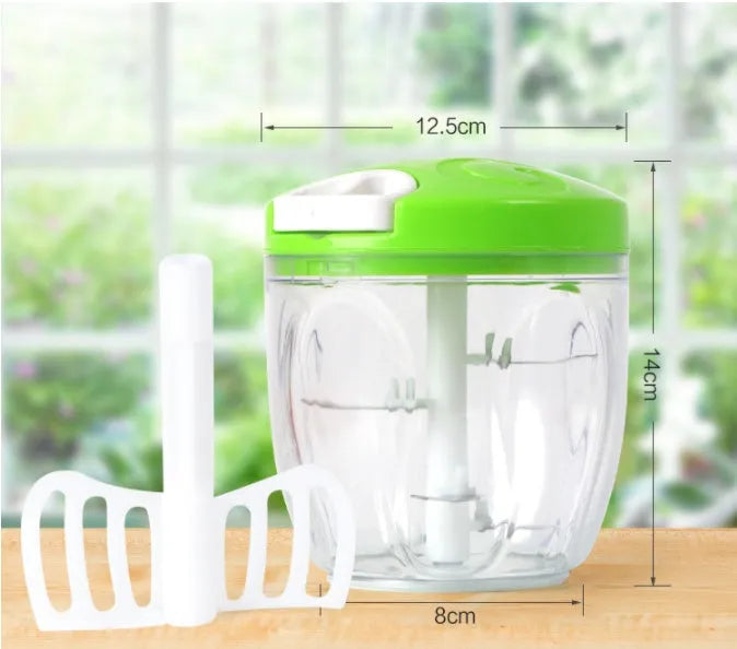 Manual kitchen chopper grinder with three blades and green plastic body