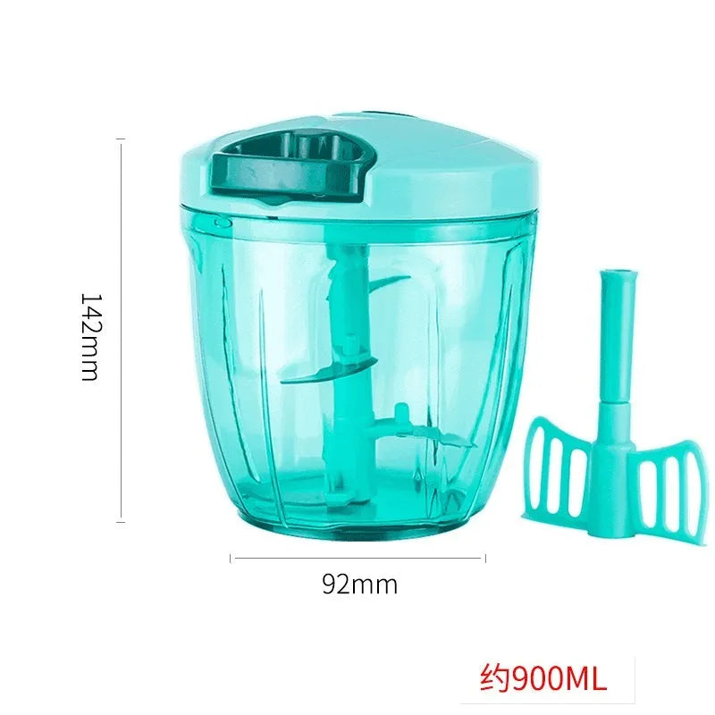 Manual kitchen chopper grinder with three blades and green plastic body