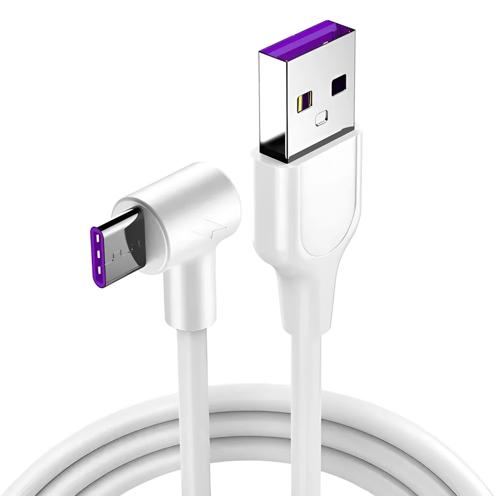 Black and white 5A fast charging USB cable with elbow Type-C connector for Android phones.