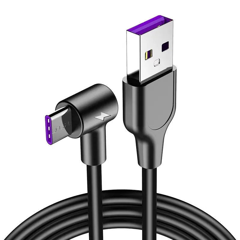 Black and white 5A fast charging USB cable with elbow Type-C connector for Android phones.