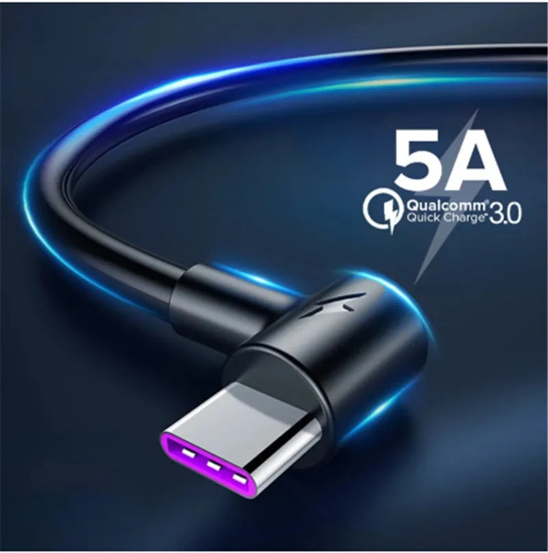 Black and white 5A fast charging USB cable with elbow Type-C connector for Android phones.