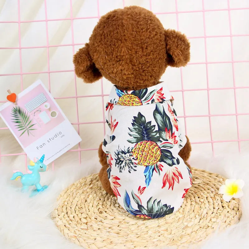 Hawaiian pattern small dog shirt in blue with button closure and loose short sleeves