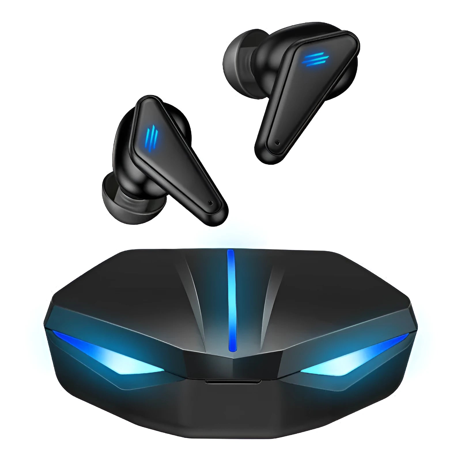 Blue Private Model K55 wireless Bluetooth TWS gaming earbuds with charging case.