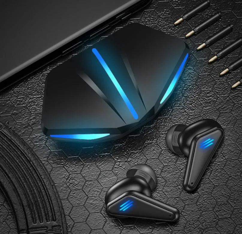 Blue Private Model K55 wireless Bluetooth TWS gaming earbuds with charging case.