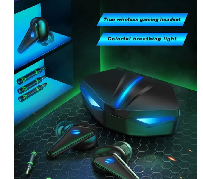 Blue Private Model K55 wireless Bluetooth TWS gaming earbuds with charging case.