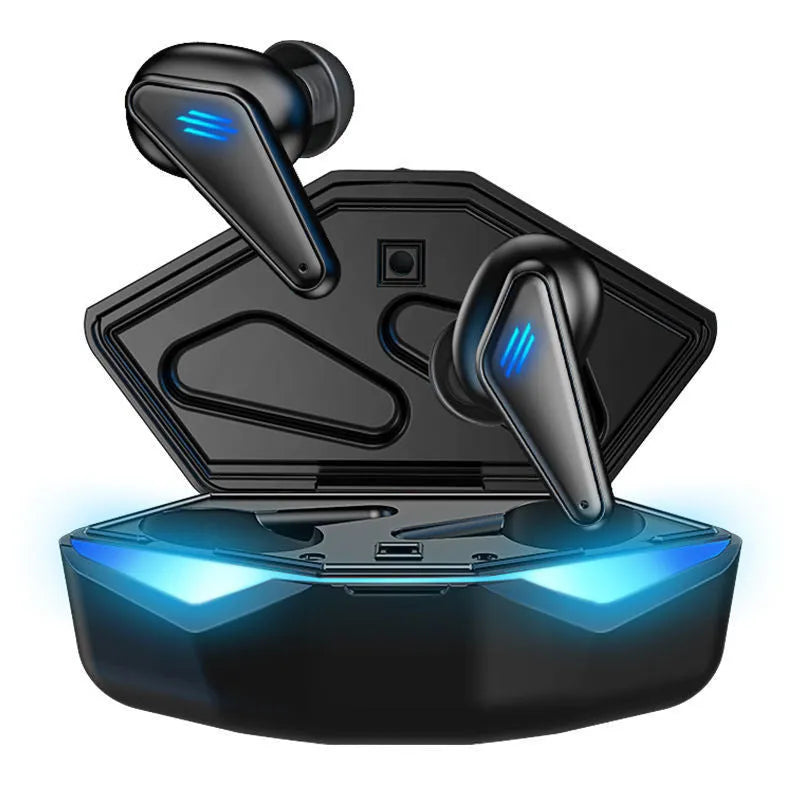 Blue Private Model K55 wireless Bluetooth TWS gaming earbuds with charging case.