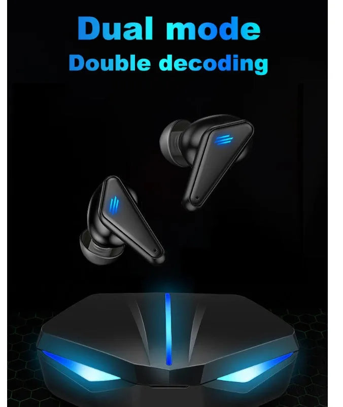 Blue Private Model K55 wireless Bluetooth TWS gaming earbuds with charging case.
