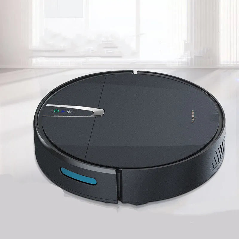 Black or white robotic floor cleaner with side brush, charging base, remote control and mopping attachment