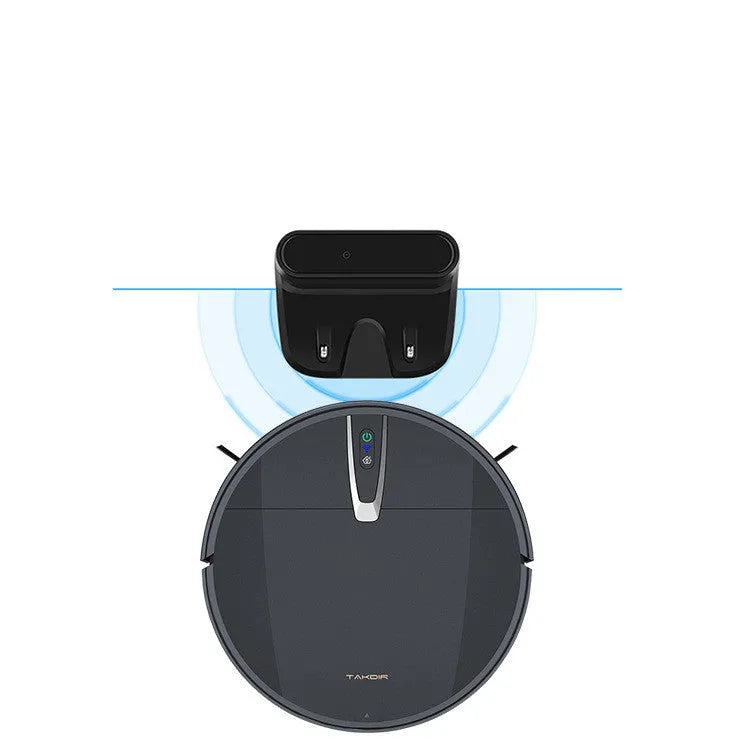 Black or white robotic floor cleaner with side brush, charging base, remote control and mopping attachment