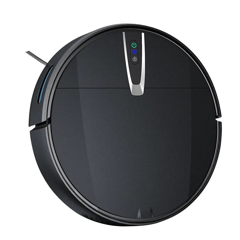 Black or white robotic floor cleaner with side brush, charging base, remote control and mopping attachment