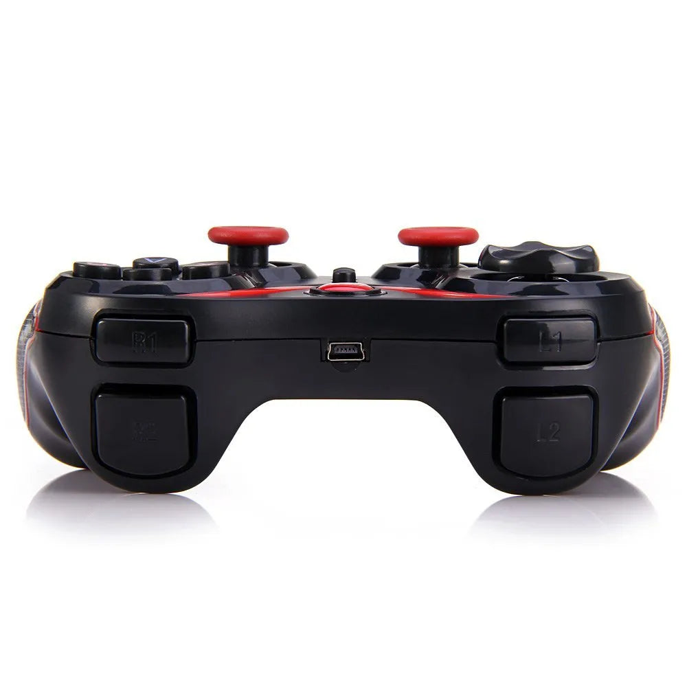 Black wireless Bluetooth gamepad for mobile phones on a dark surface