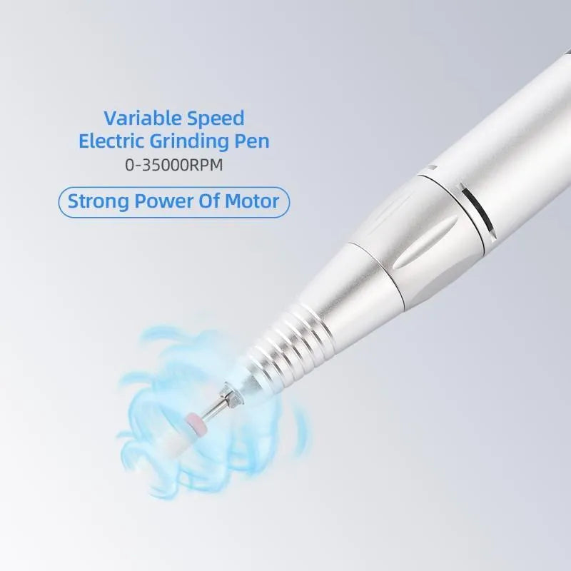 White portable nail drill machine with handpiece, 35000RPM, 7500mAh rechargeable battery, USB cable, and box.