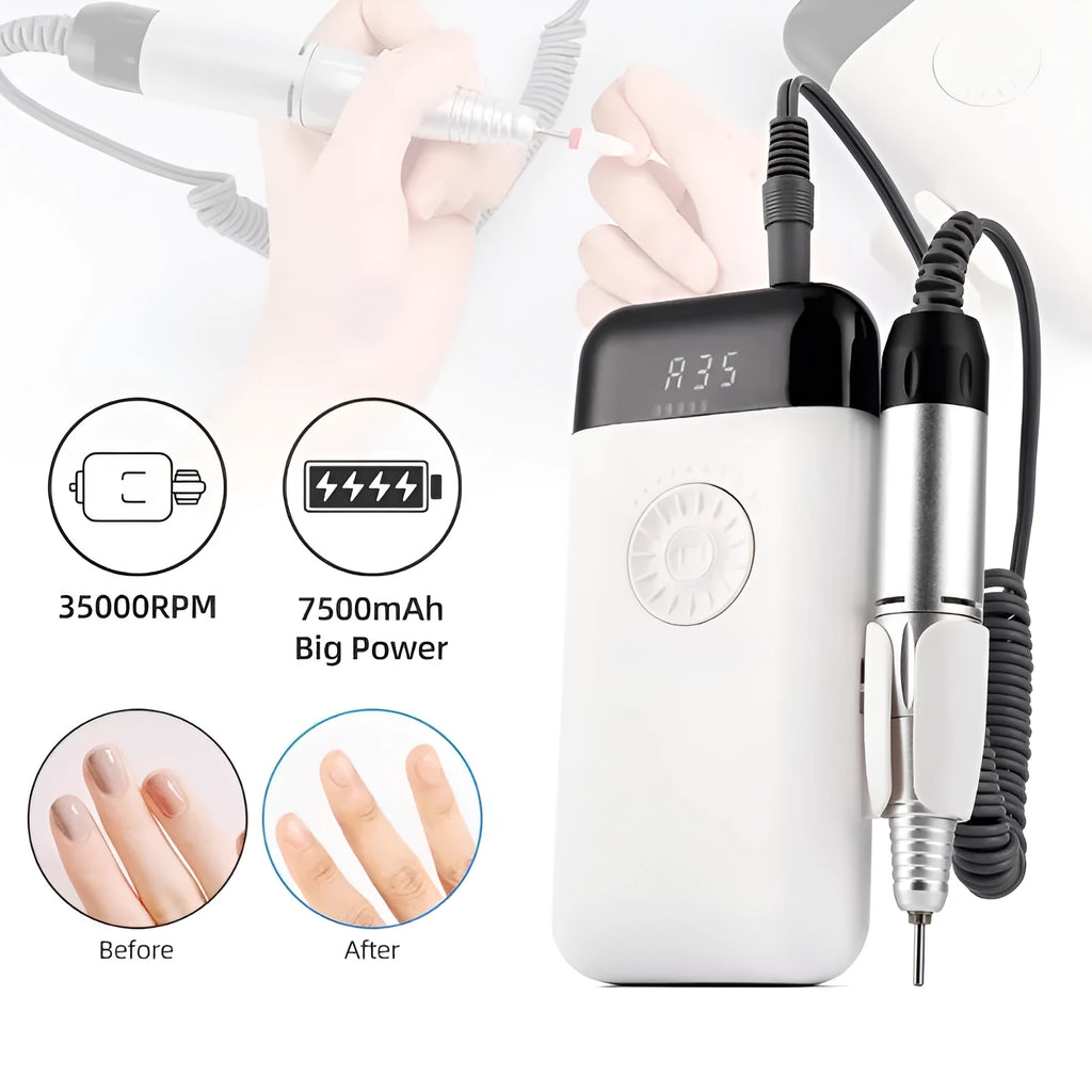 White portable nail drill machine with handpiece, 35000RPM, 7500mAh rechargeable battery, USB cable, and box.