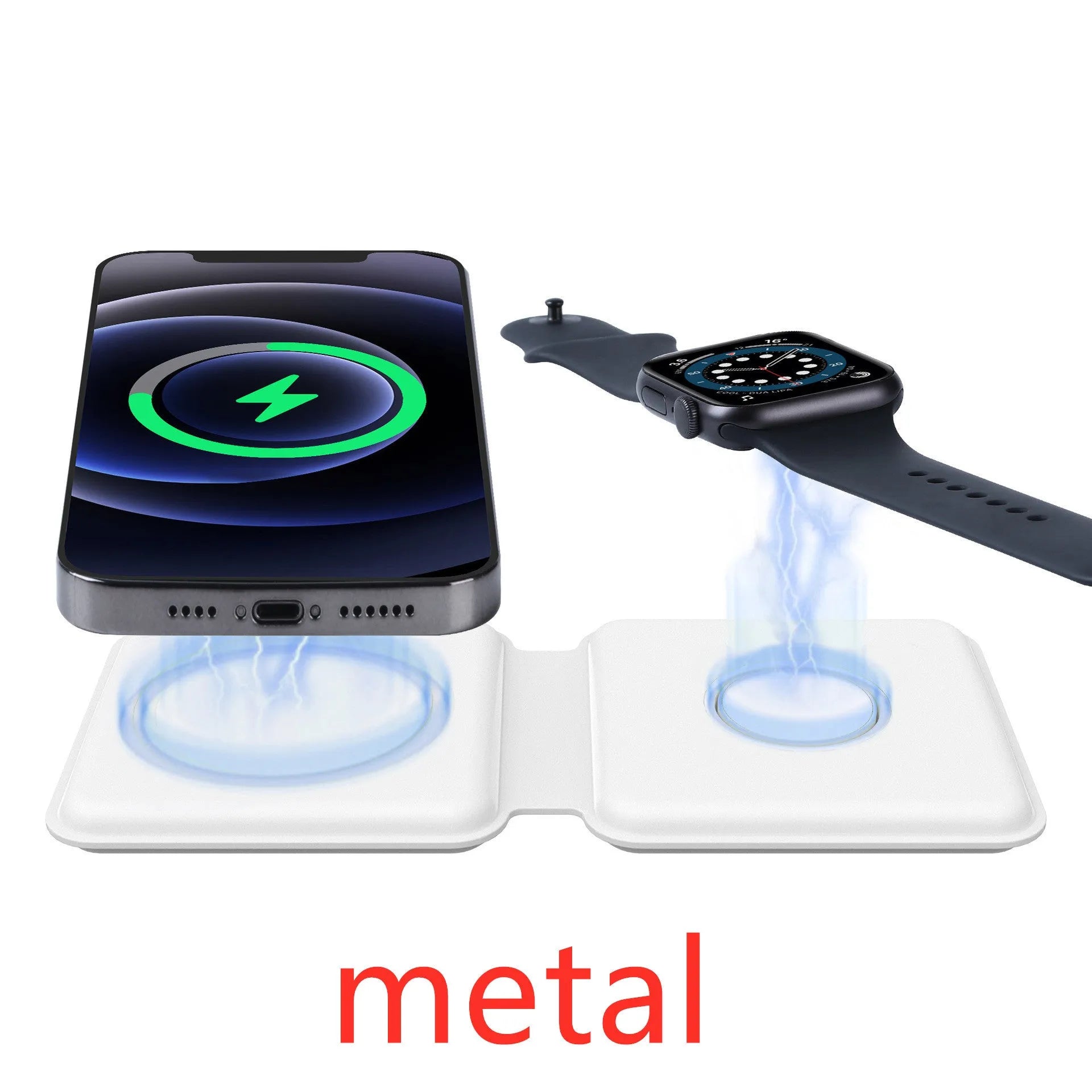 White foldable magnetic wireless charging dock in stand and flat modes