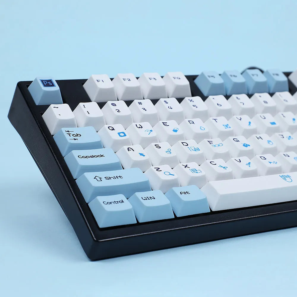 PlayStation theme mechanical keyboard keycaps in blue white and grey white with supplementary colour keys