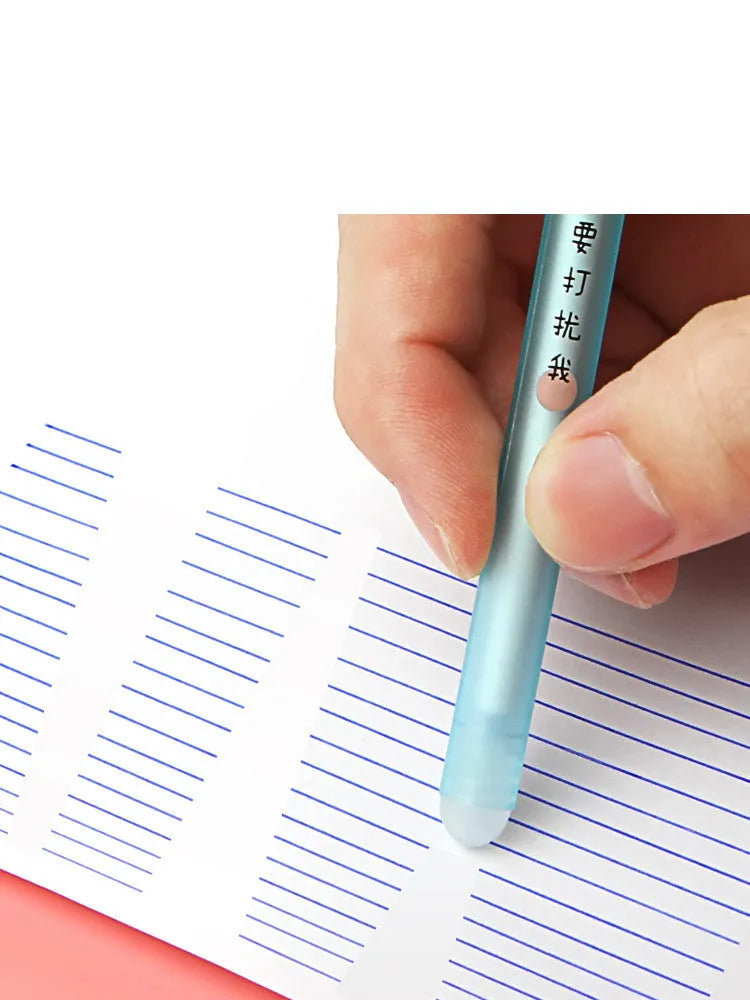 Boxed 0.5mm erasable gel pen set with plastic barrel, cartoon cap and 12 pens in crystal blue or black