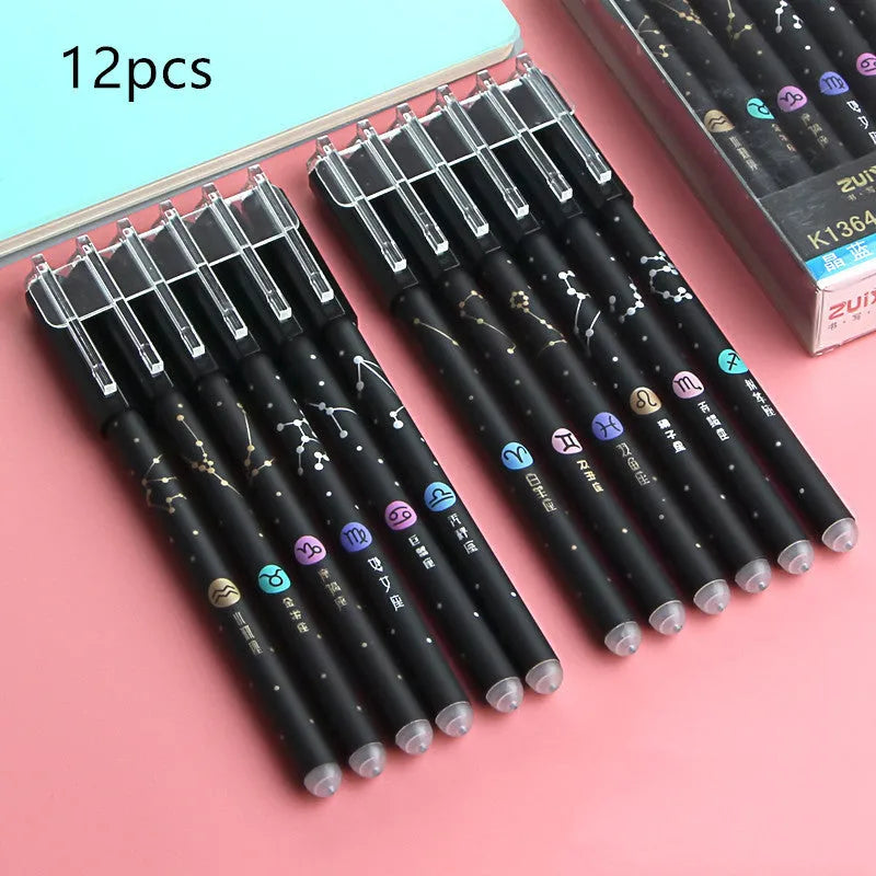 Boxed 0.5mm erasable gel pen set with plastic barrel, cartoon cap and 12 pens in crystal blue or black