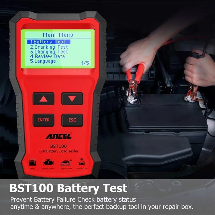 Red car battery tester 12V diagnostic tool with display and cables on white background