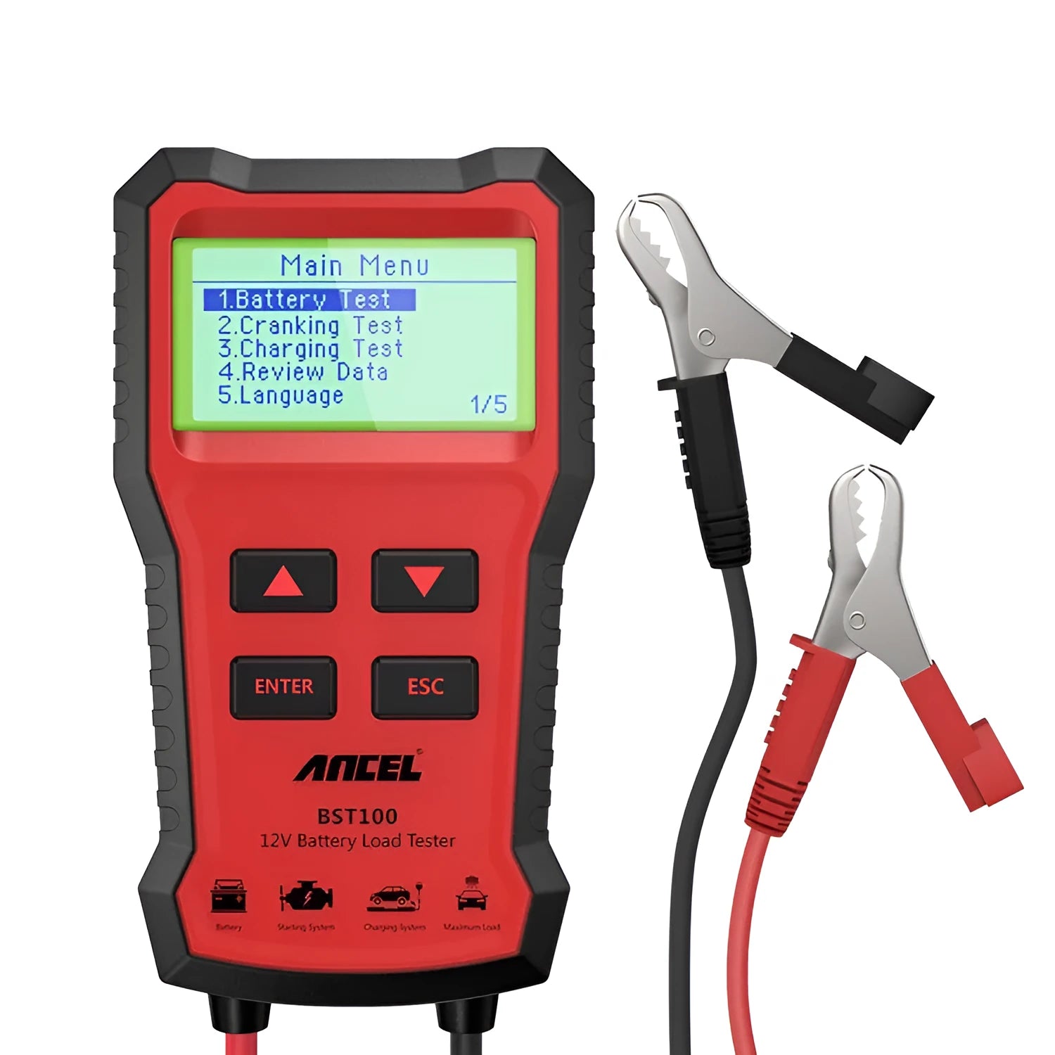 Red car battery tester 12V diagnostic tool with display and cables on white background