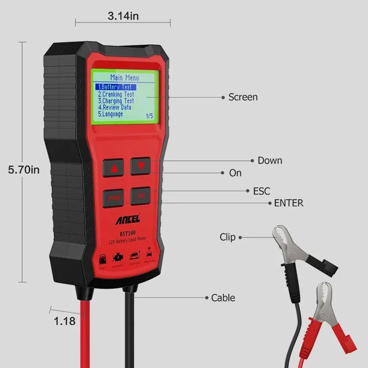 Red car battery tester 12V diagnostic tool with display and cables on white background