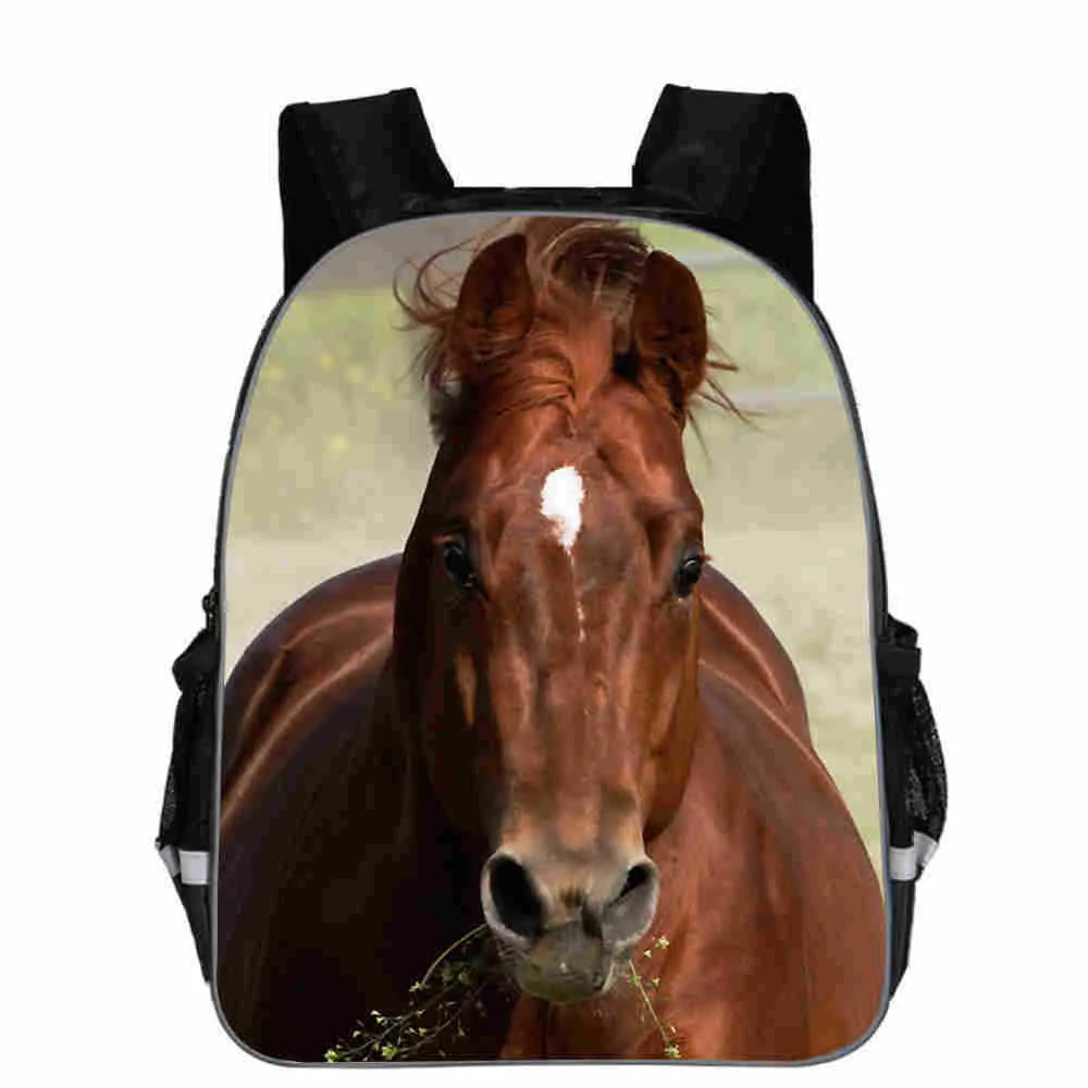 Horse cartoon school backpack with animal head design available in multiple colours and sizes