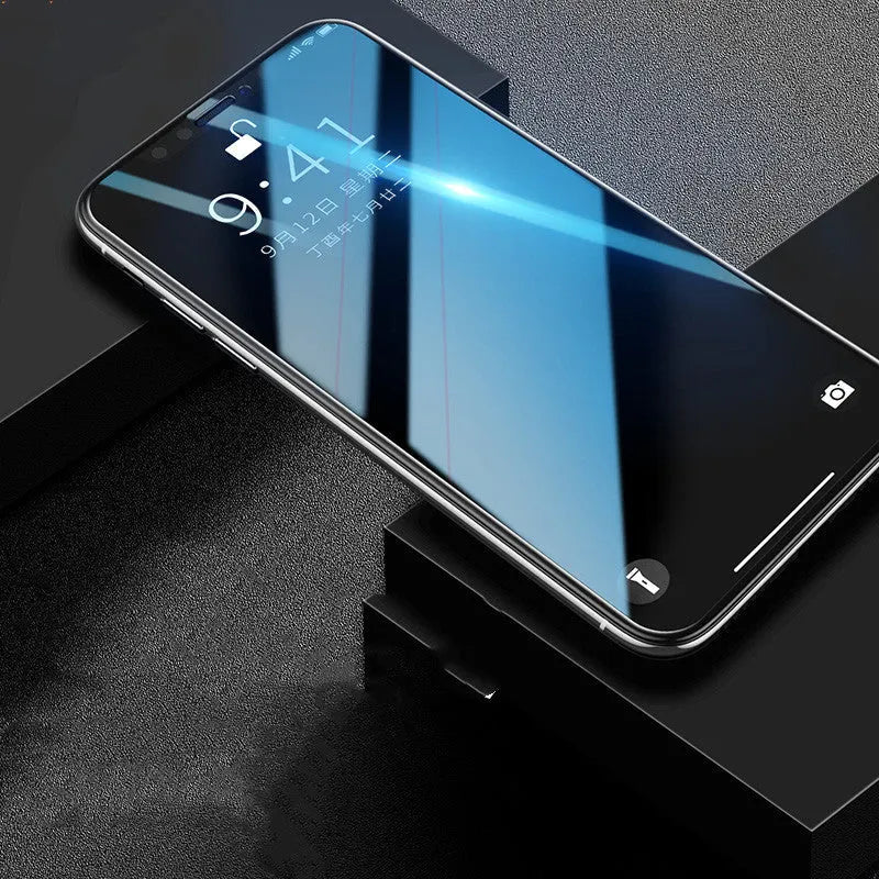 iPhone tempered glass screen protector in black, transparent, and white colours for multiple models.