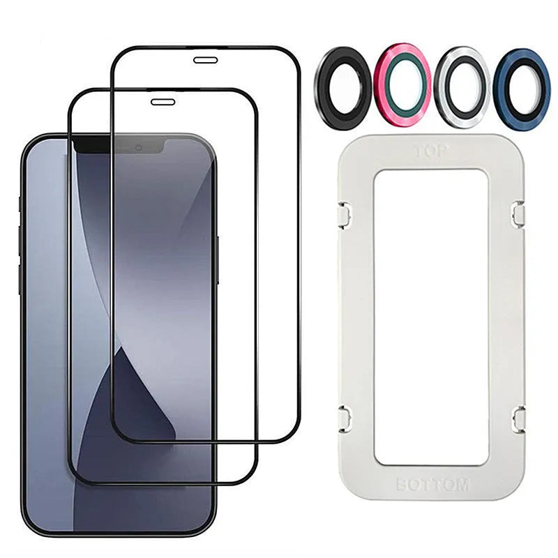 iPhone tempered glass screen protector in black, transparent, and white colours for multiple models.
