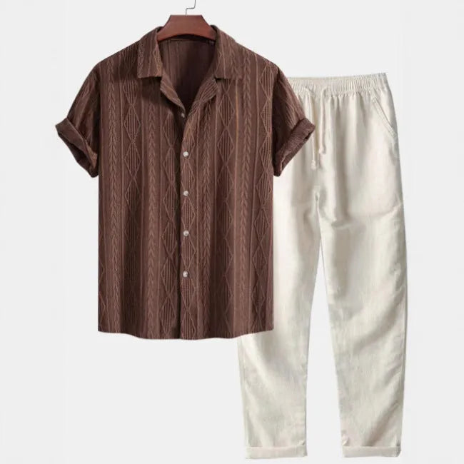 Men's short sleeve shirt and trousers set with camouflage digital print in slim fit