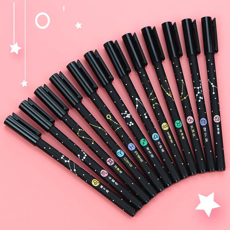 12 constellation gel pens with 0.5mm needle tube tips in five different themed designs
