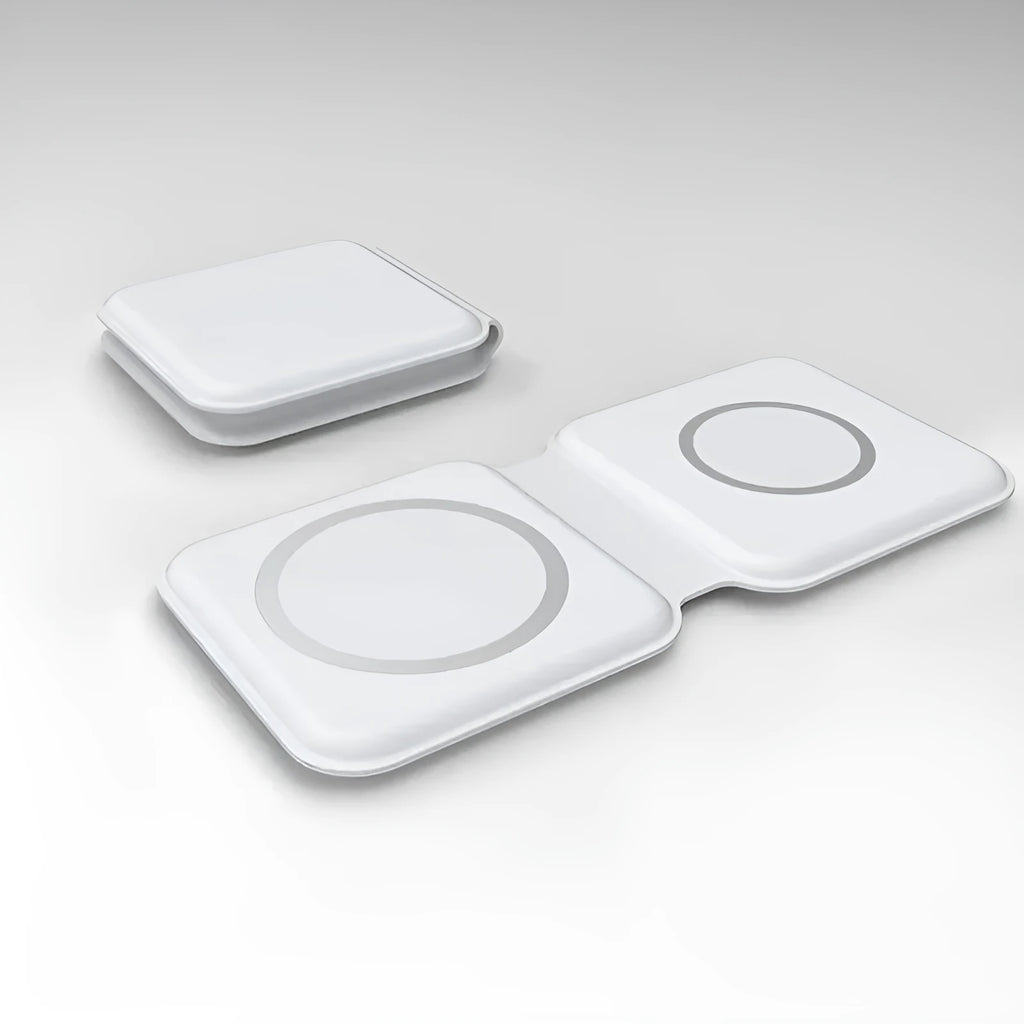 White foldable magnetic wireless charging dock in stand and flat modes