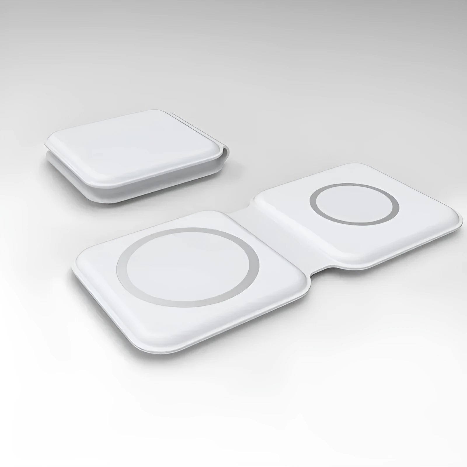 White foldable magnetic wireless charging dock in stand and flat modes