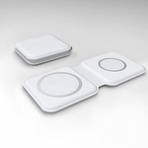 White foldable magnetic wireless charging dock in stand and flat modes